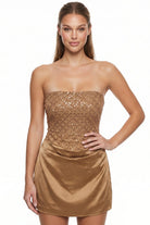 Women's Bead & Sequins on Mesh Satin Mini Dress in Mocha