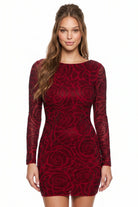 Women's Floral Patterned Rhinestone on Mesh Mini Dress in Wine