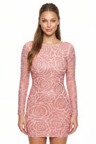 Women's Floral Patterned Rhinestone on Mesh Mini Dress in Rose