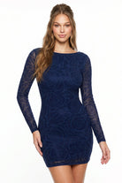 Women's Floral Patterned Rhinestone on Mesh Mini Dress in Navy