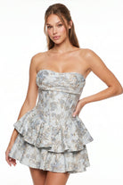 Women's Metallic Floral Jacquard Baby Hem Mini Dress in Blue