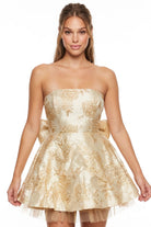 Women's Floral Jacquard Bow Back Mini Dress in Gold