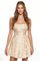 Women's Luxury Floral Jacquard Flare Mini Dress in Champagne