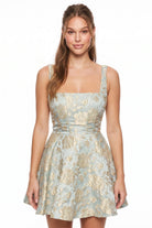 Women's Luxury Floral Jacquard Flare Mini Dress in Sage