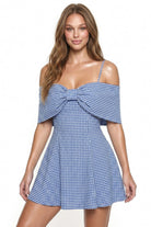 Women's Gingham Off Shoulder Bow Mini Dress – detail close-up