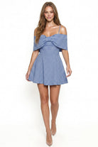 Women's Gingham Off Shoulder Bow Mini Dress in Blue