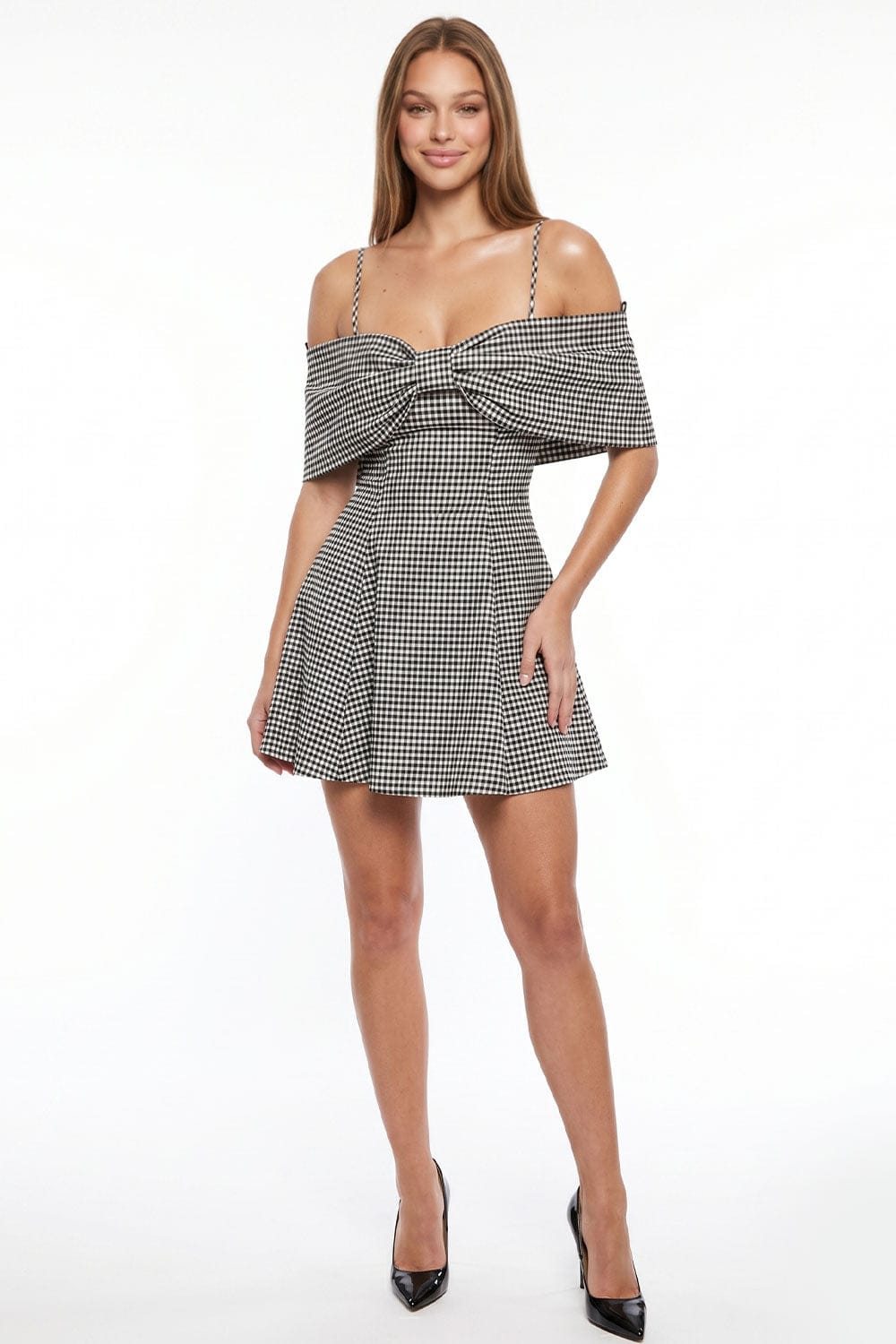 Women's Gingham Off Shoulder Bow Mini Dress in Black