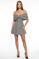Women's Gingham Off Shoulder Bow Mini Dress in Black
