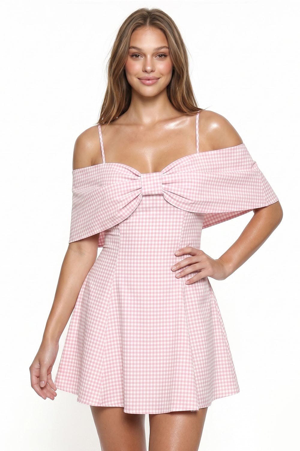 Women's Gingham Off Shoulder Bow Mini Dress – full-length view