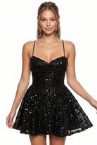 Women's Flower Sequins Flared Mini Dress in Black