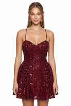 Women's Flower Sequins Flared Mini Dress in Wine