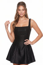 Women's Satin Rhinestone Fit and Flare Mini Dress in Black