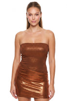 Women's Rhinestone on Foil Strapless Mini Dress in Bronze