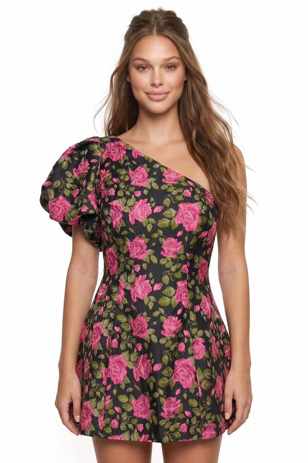 Women's One Shoulder Floral Jacquard Mini Dress in Fuchsia
