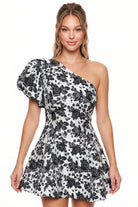 Women's One Shoulder Floral Jacquard Mini Dress in Black