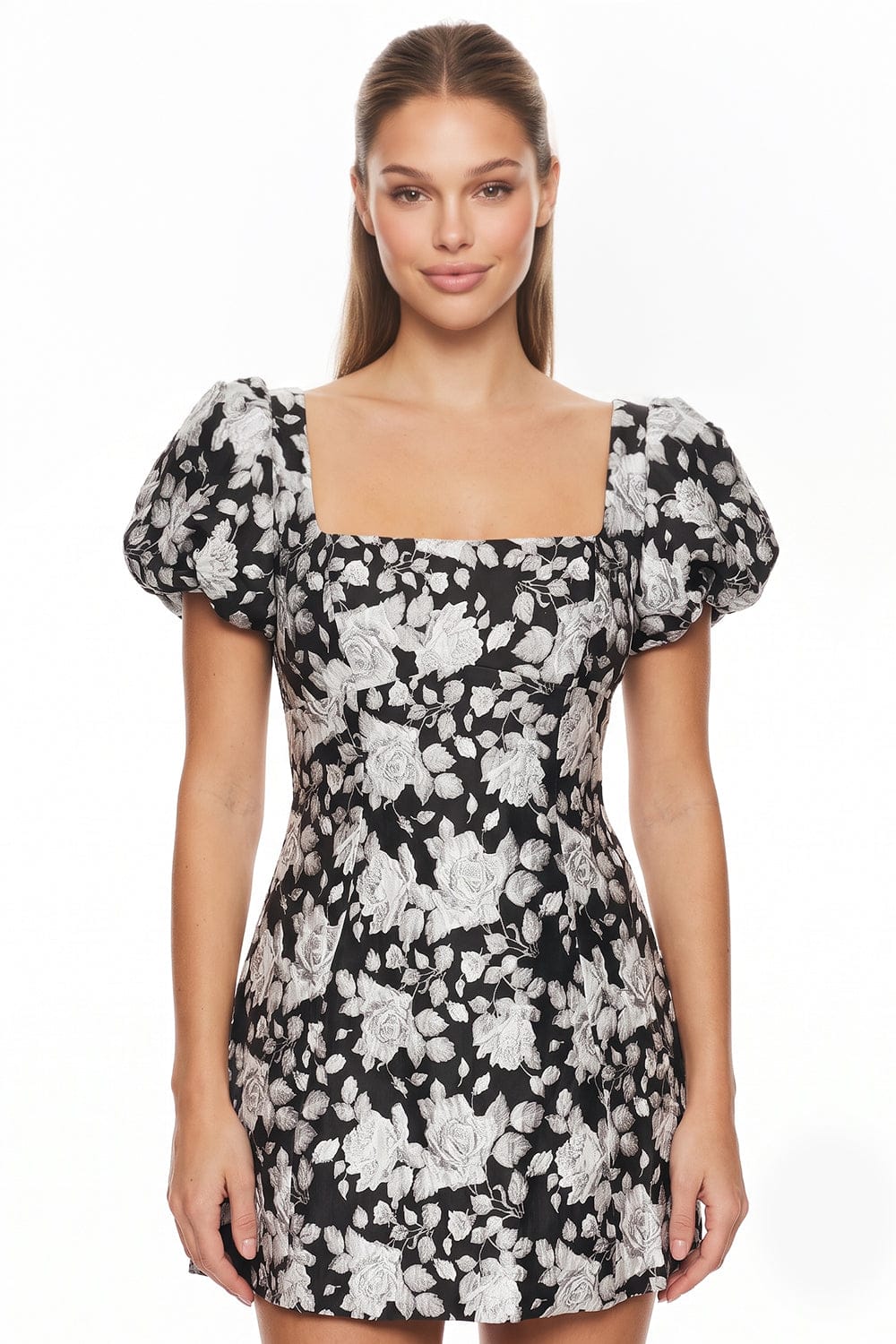 Women's Floral Jacquard Puff Sleeve Mini Dress in Black