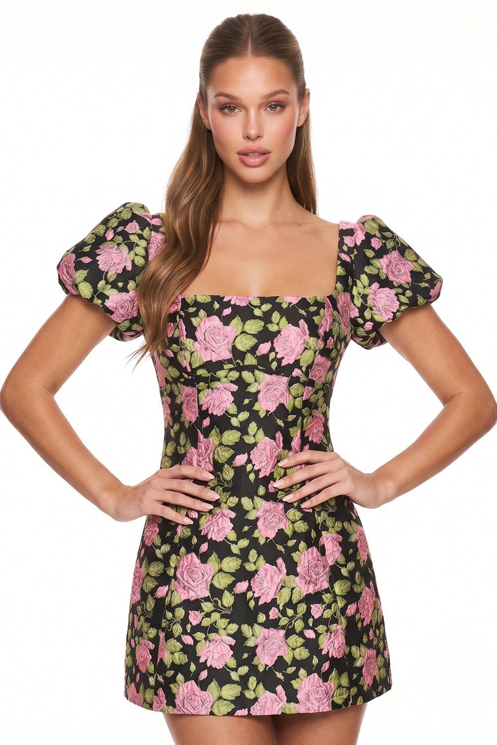 Women's Floral Jacquard Puff Sleeve Mini Dress in Pink