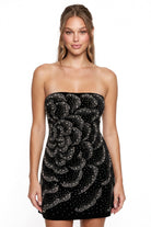 Women's Floral Rhinestone and Pearl on Velvet Mini Dress in Black
