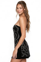 Women's Floral Rhinestone and Pearl on Velvet Mini Dress – full-length view
