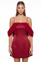Women's Off the Shoulder Draped Dull Satin Mini Dress in Wine