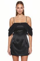 Women's Off the Shoulder Draped Dull Satin Mini Dress in Black