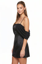 Women's Off the Shoulder Draped Dull Satin Mini Dress – detail close-up