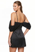 Women's Off the Shoulder Draped Dull Satin Mini Dress – fabric detail