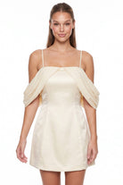 Women's Off the Shoulder Draped Dull Satin Mini Dress in Cream