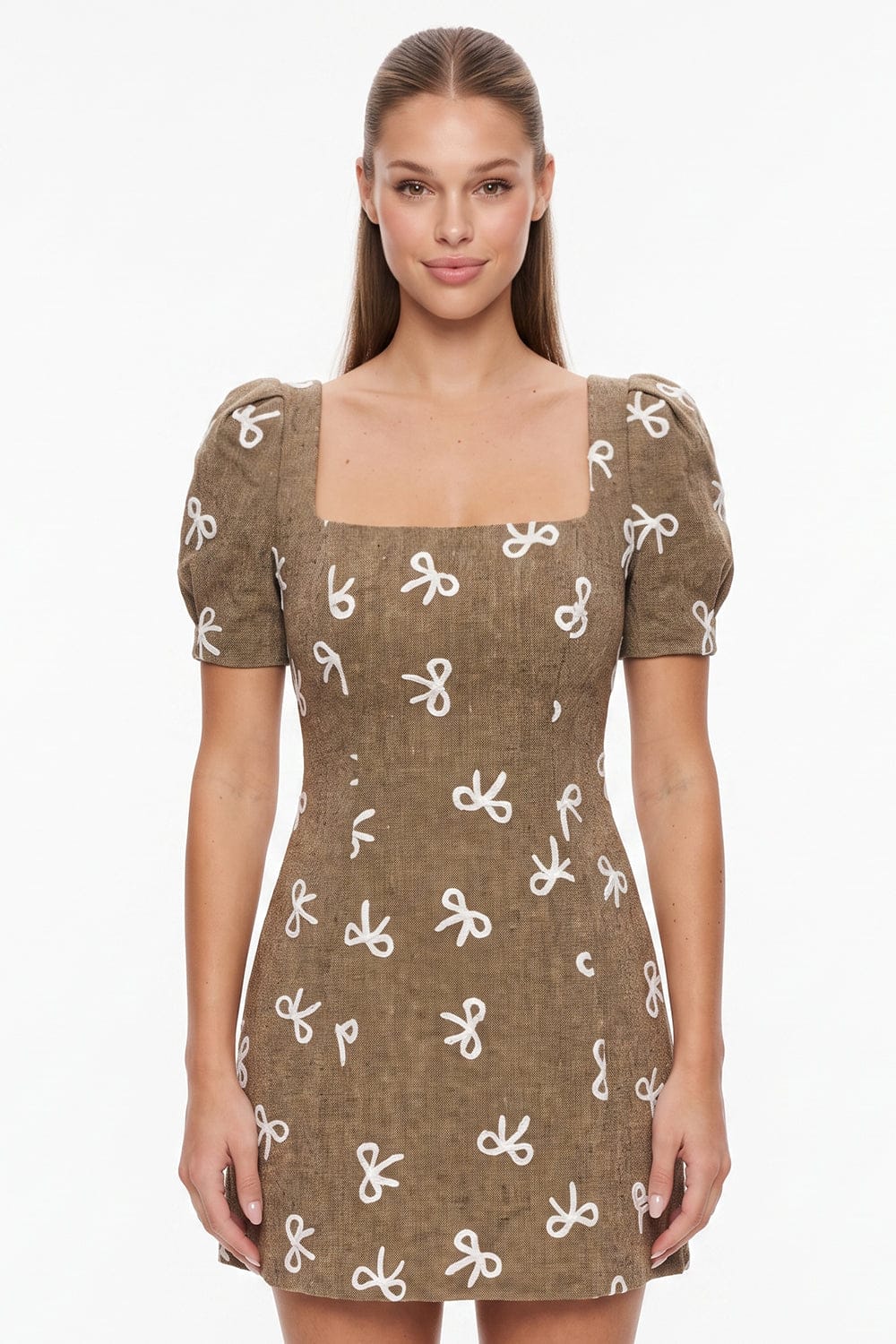 Women's Bow Embroidered Puff Sleeve Mini Dress in Brown