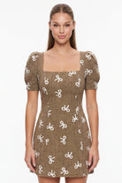 Women's Bow Embroidered Puff Sleeve Mini Dress in Brown