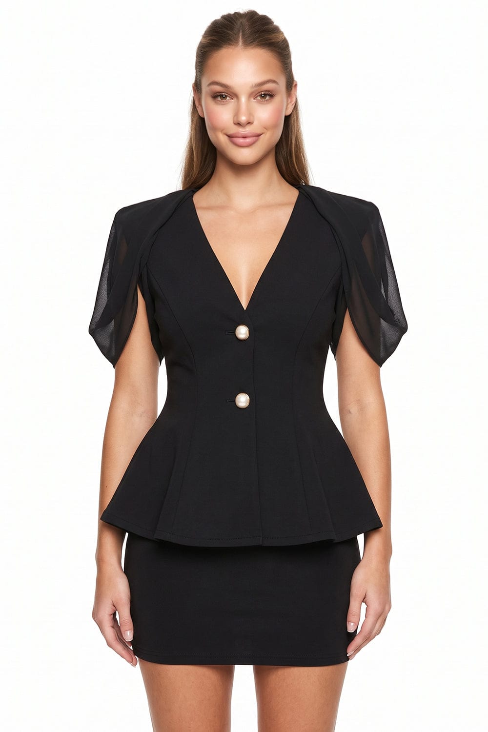 Women's Pearl Button Peplum Mini Dress in Black