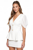 Women's Pearl Button Peplum Mini Dress – model view