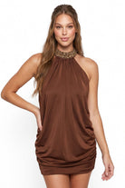 Women's Satin Beaded Halter Mini Dress in Brown