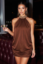 Women's Satin Beaded Halter Mini Dress – full-length view