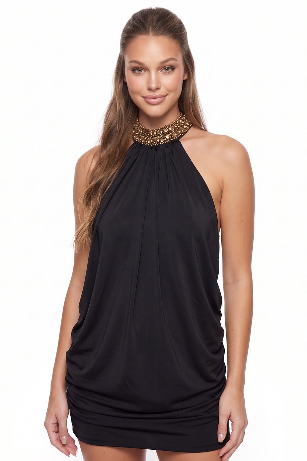Women's Satin Beaded Halter Mini Dress in Black
