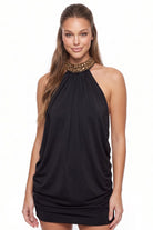 Women's Satin Beaded Halter Mini Dress in Black