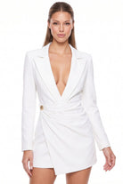 Women's Tailored Blazer Deep V Neck Mini Dress in Ivory
