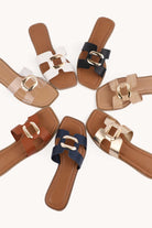 Women's Luxe Link square toe flat slide sandals, black and gold metallic link strap