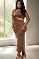 Brown slinky maxi dress front view - Epicplacess