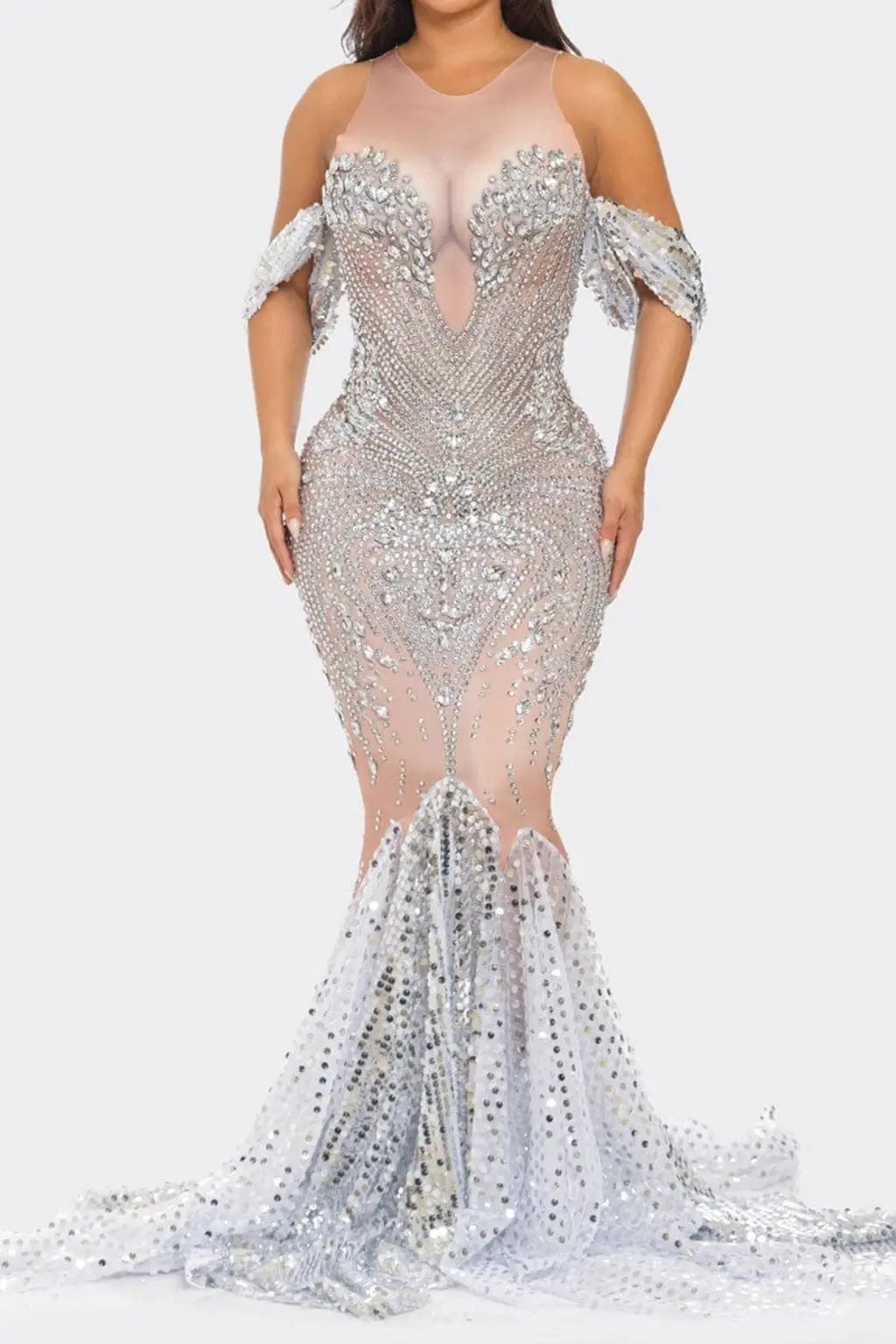 Silver nude maxi gown back view - Epicplacess