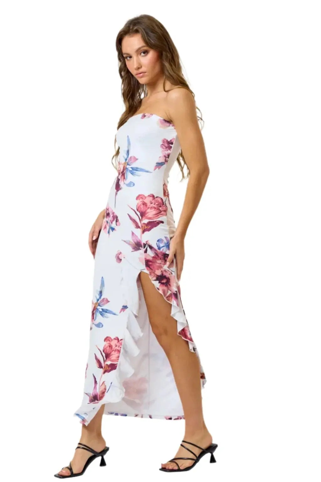 Satin floral maxi dress front view - Epicplacess