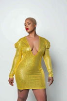 Yellow shiny mini dress detail - Epicplacess