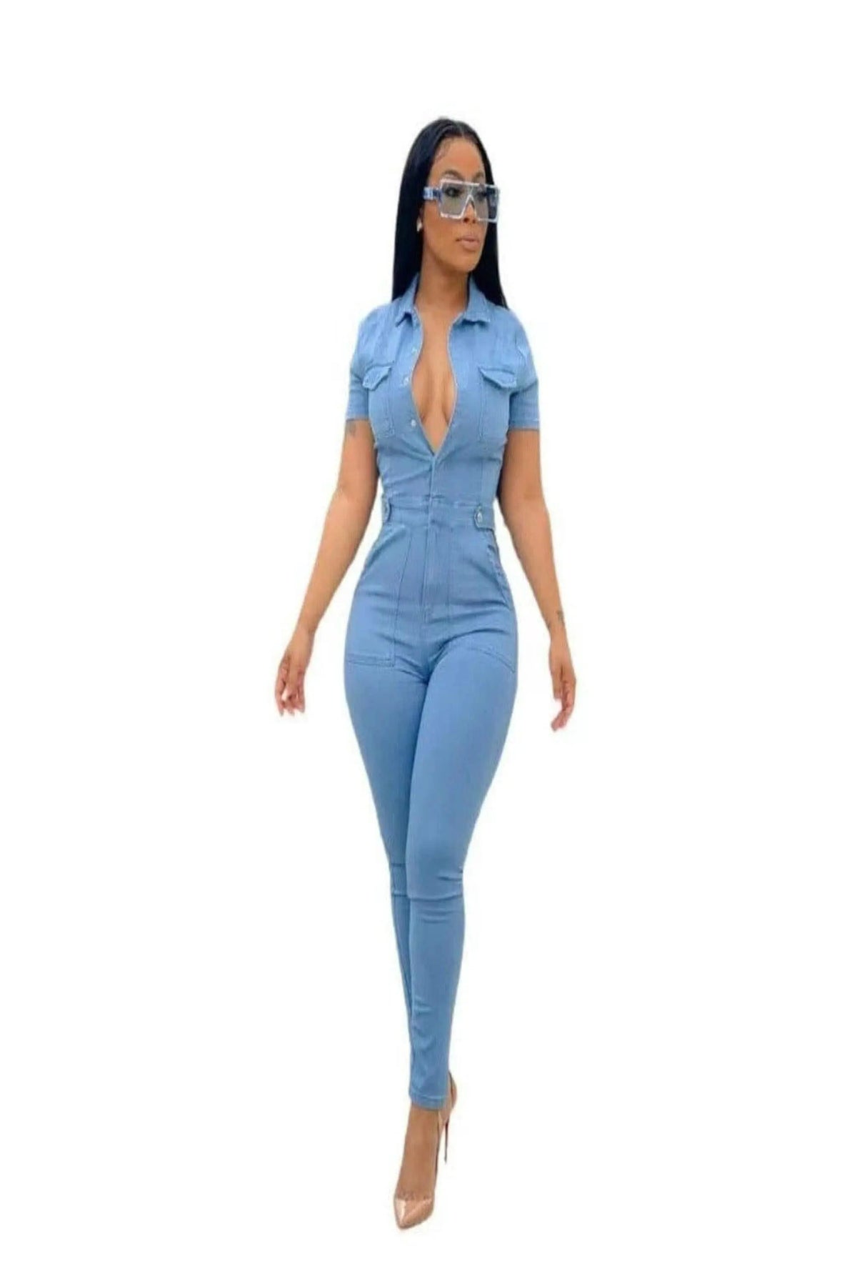 Denim button-down jumpsuit front view - Epicplacess