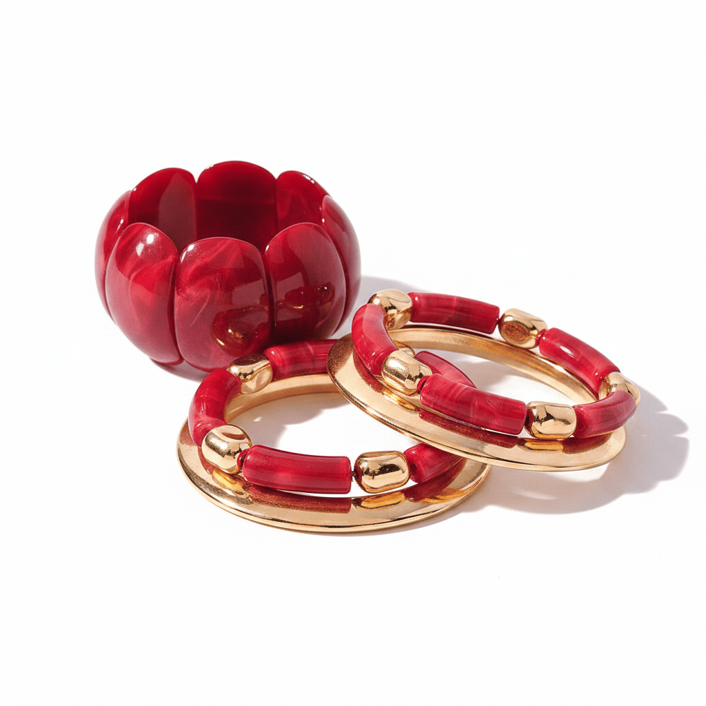 Red Marbled Resin & Gold Bracelet Stack Set
