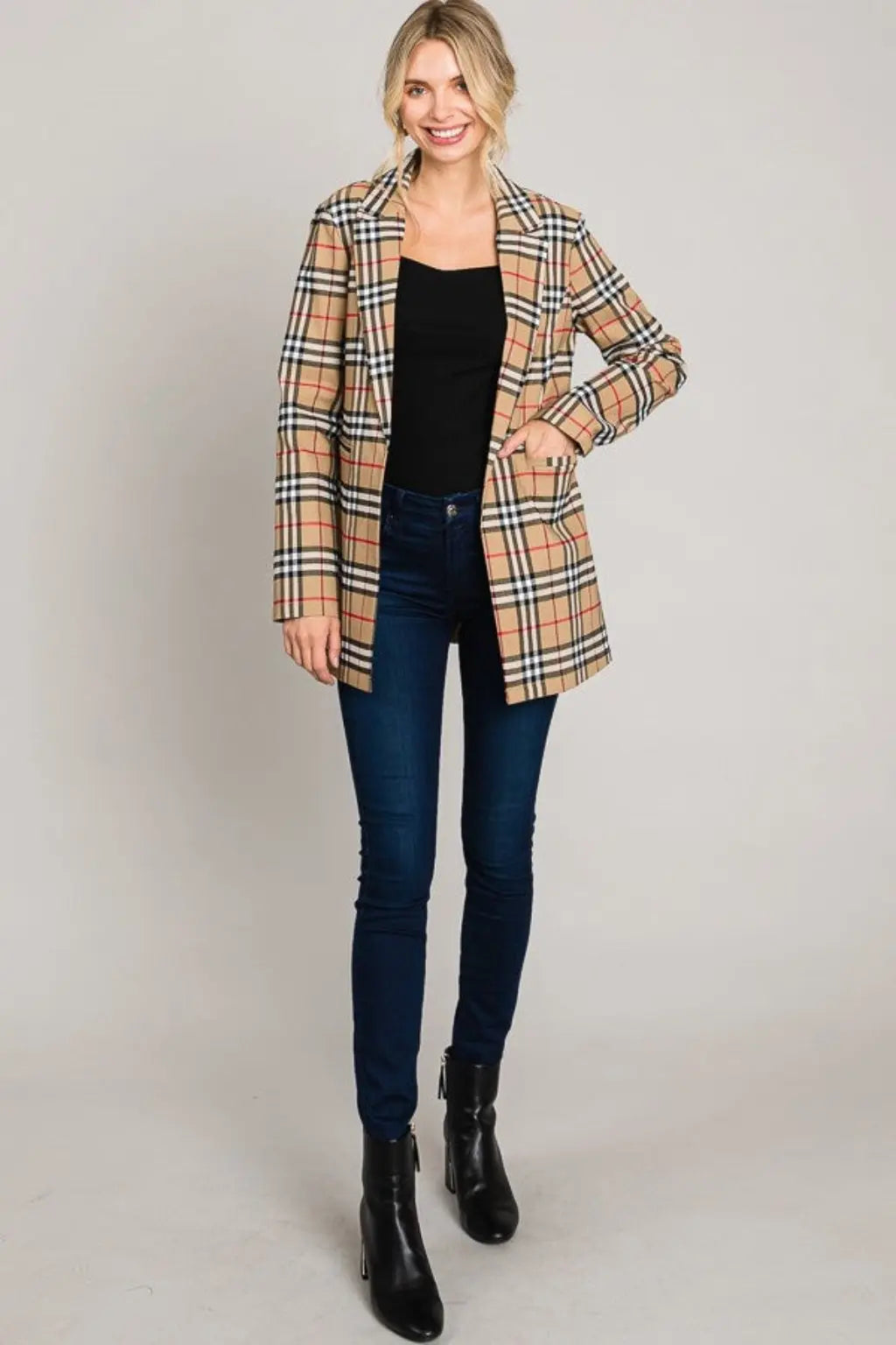 Tartan plaid cream leather blazer jacket - Epicplacess