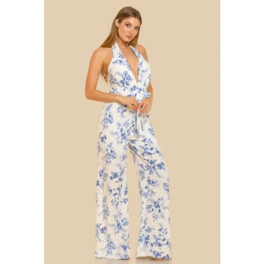 Blue wide-leg jumpsuit front view - Epicplacess