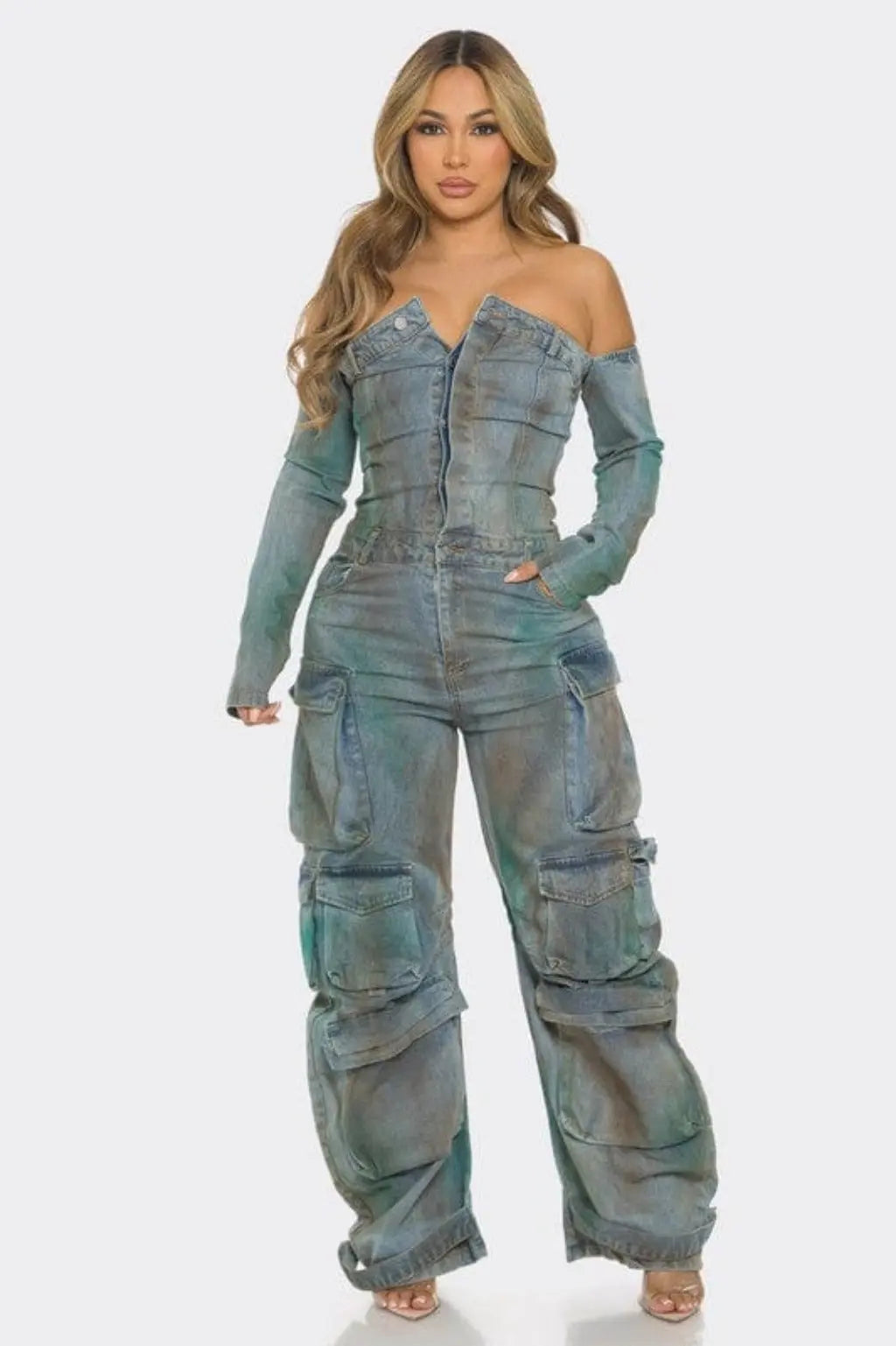 Cargo denim jumpsuit front view - Epicplacess