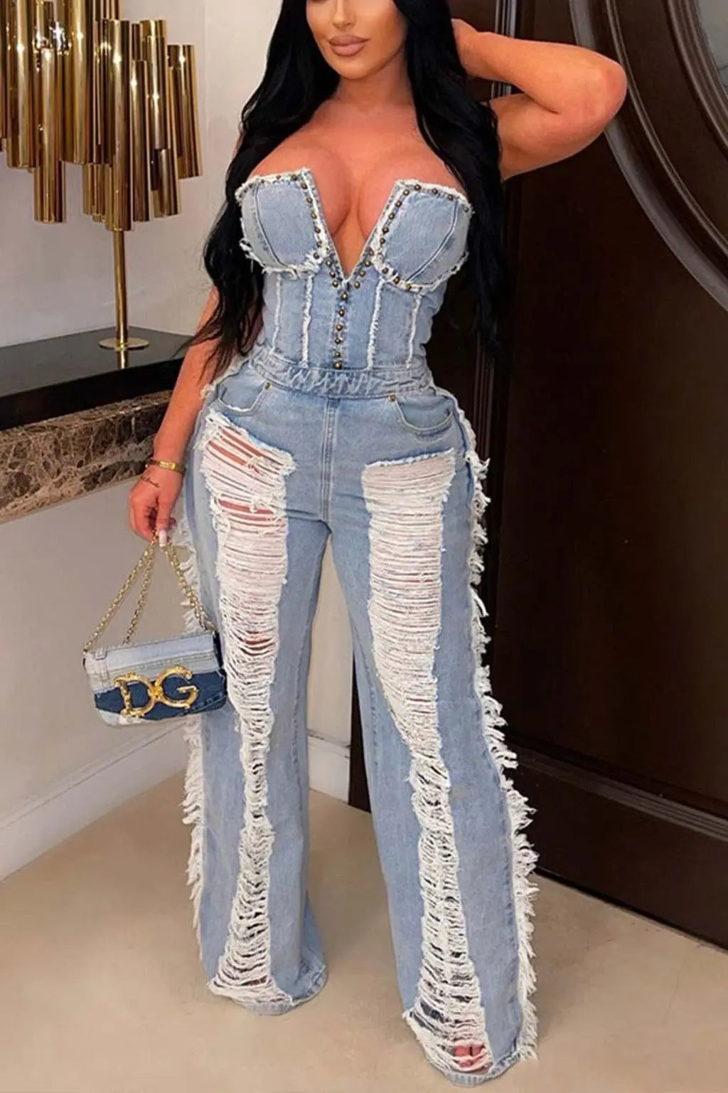 Light blue distressed denim jumpsuit - Epicplacess