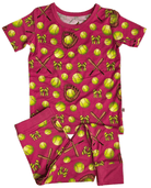 Girls' pink baseball and bows print short sleeve bamboo pajama set – view 3