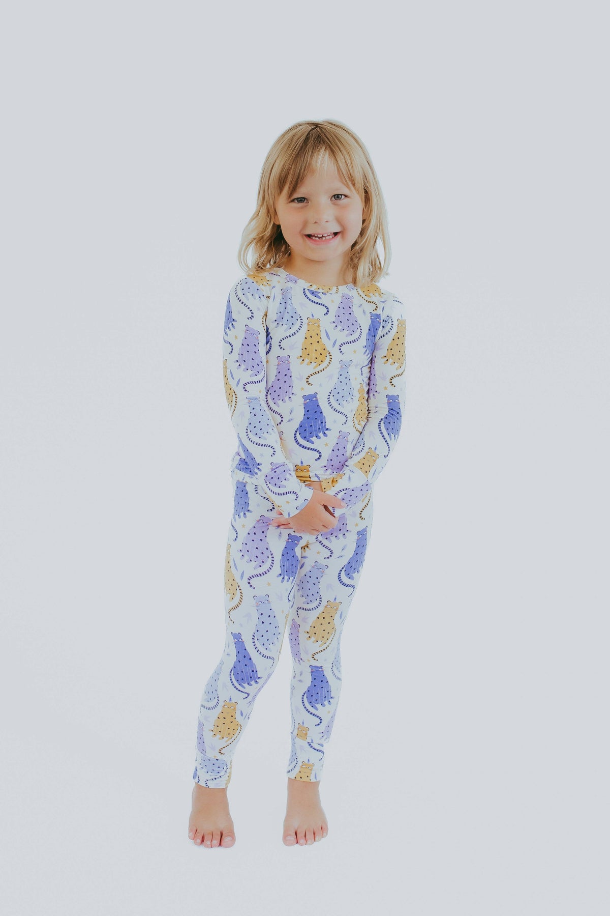 Toddler cream cat print long sleeve bamboo pajama set – view 2